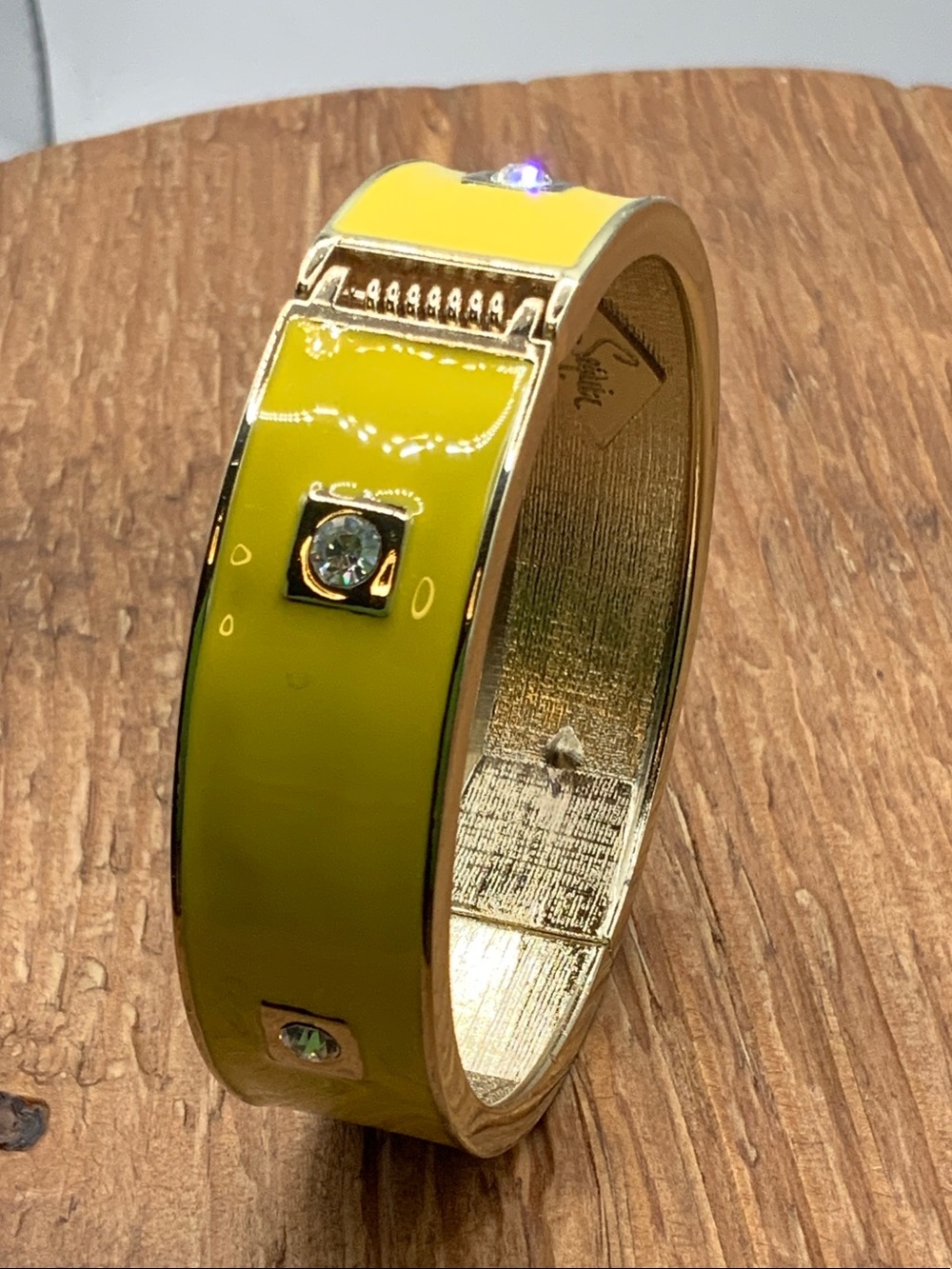 Sequin Yellow Enamel Gold Tone Rhinestone Hinged Bangle Bracelet
